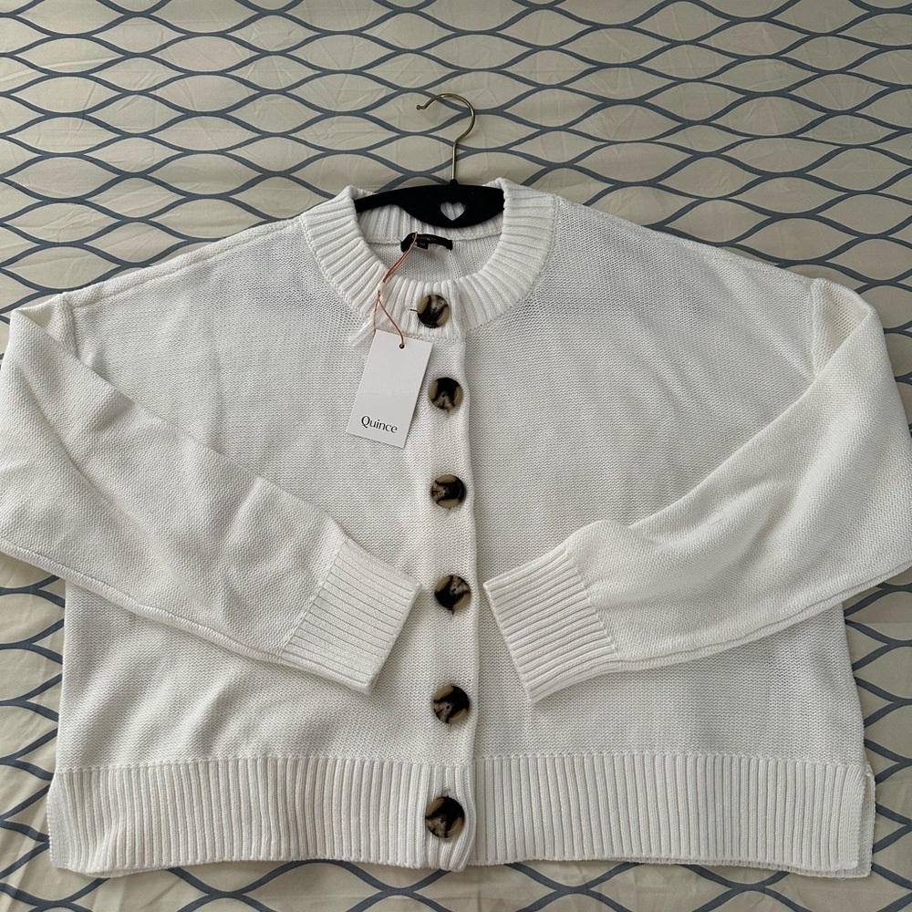 Quince White Ribbed Knit Cardigan Crew Neck